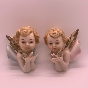 VTG Bisque Porcelain Winged Angel Cherub Wall Hanging Blue and Pink Lot of 2